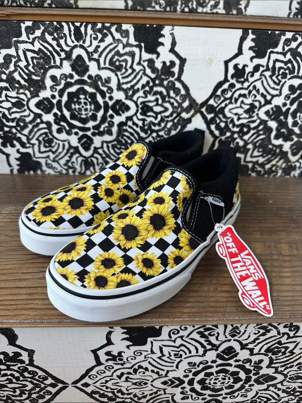 Vans Kids Slip-On Sneakers in Black, White & Yellow Sunflower Check